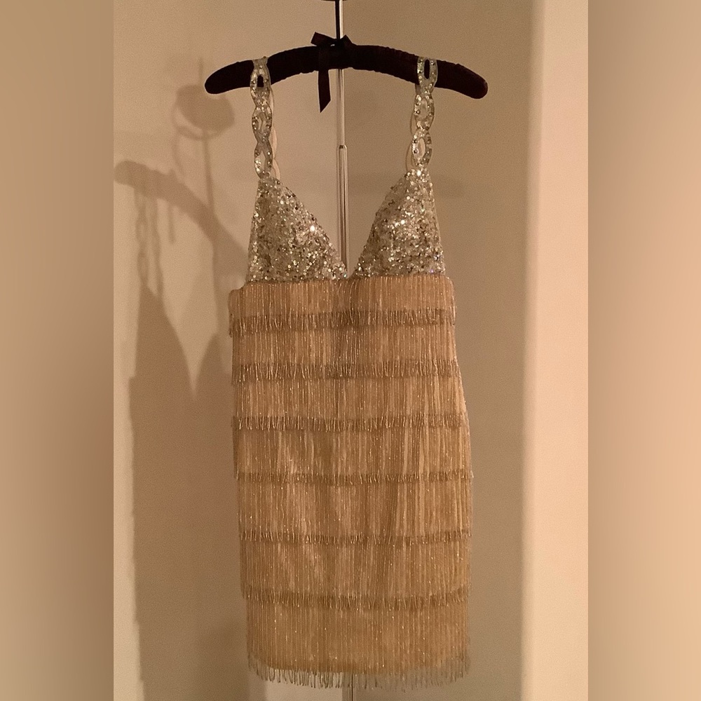 Terani Couture Gold Fringe Sequin Mini Dress Size 6